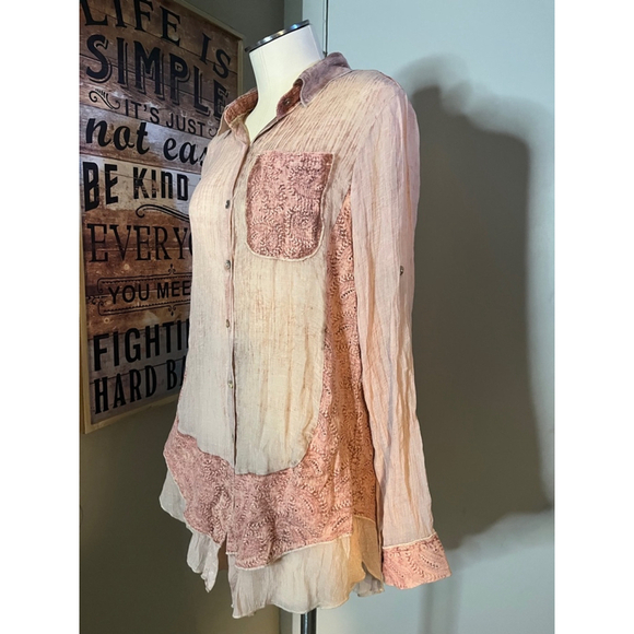 nwt womens coral pink blouse lacy design roll tab size med - Picture 2 of 16